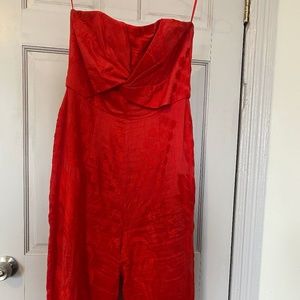 Cherry Red Strapless Embroidered Jumpsuit with pockets